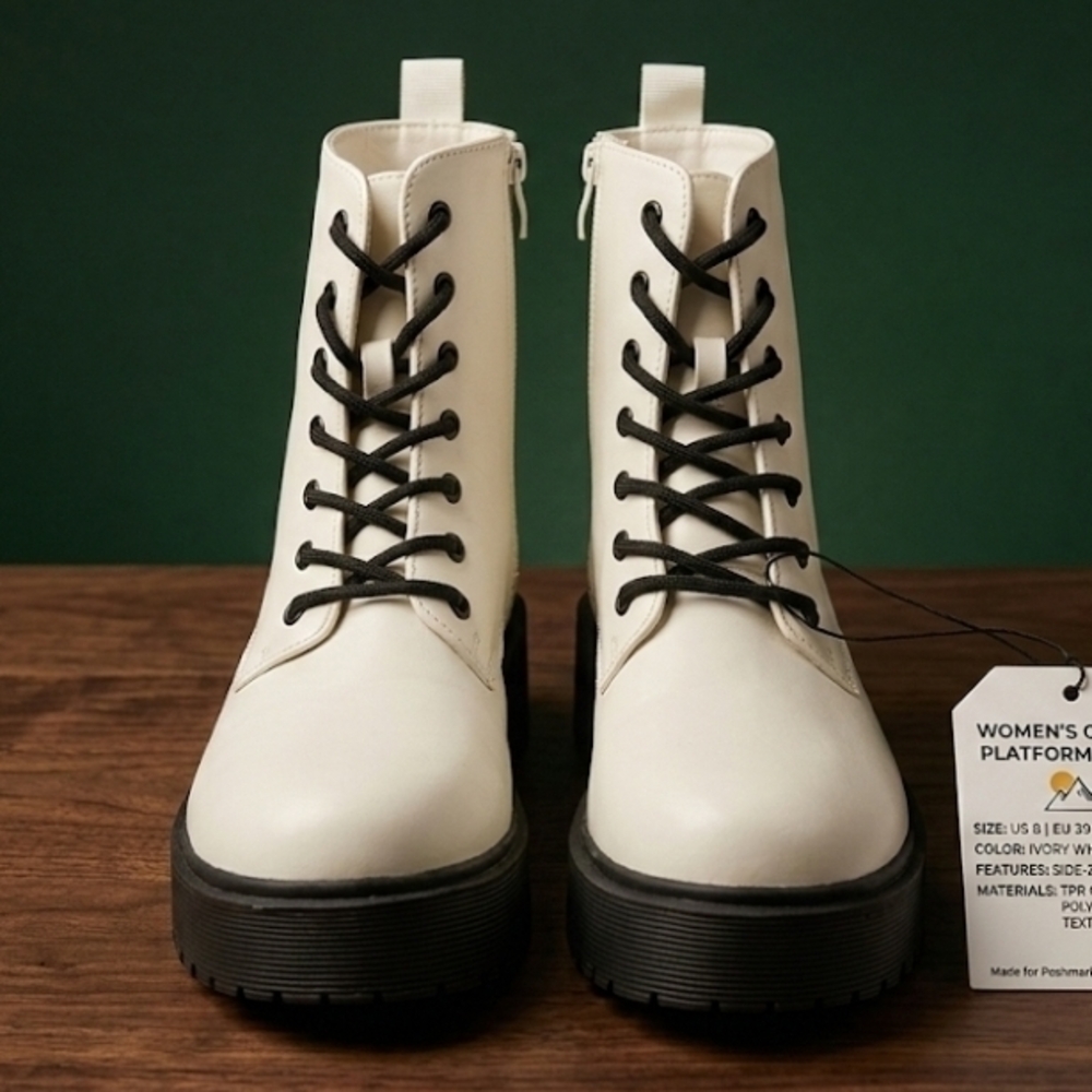 White Platform Combat Boots - Chunky Lug Sole Ankle Booties - Women's Size 8